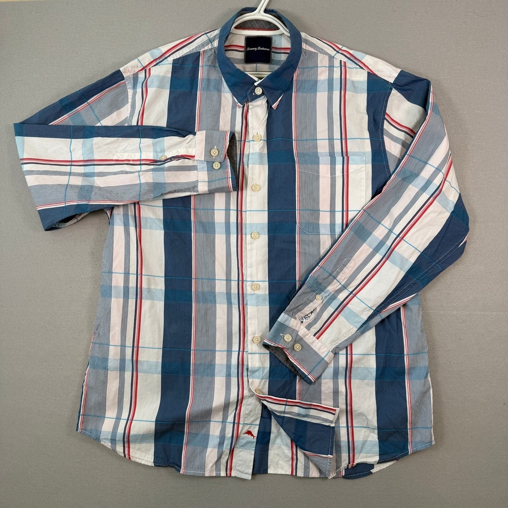 Tommy Bahama Button Up Shirt Mens Large Blue Red Plaid Silk Long Sleeve Casual
